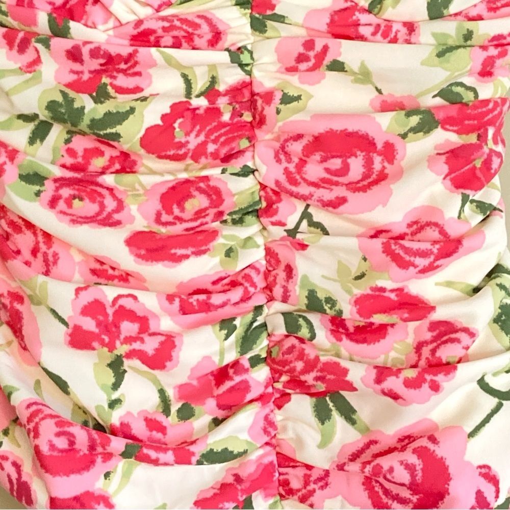 NEW ZARA Draped Ruched Floral Rose Strapless Bodysuit Pink Green White Size S - Picture 10 of 16